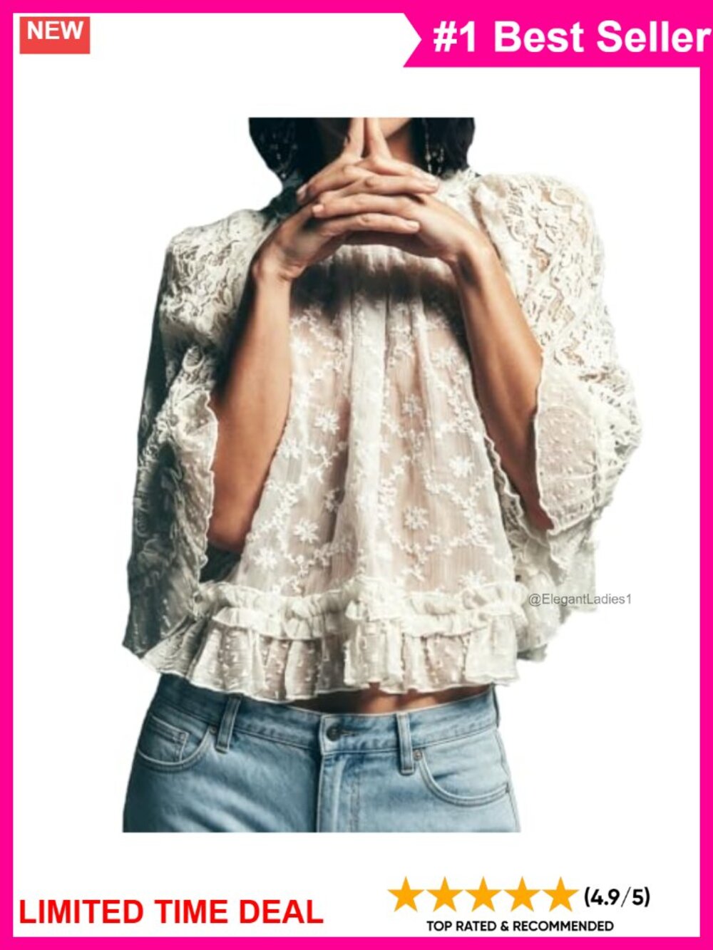 Boho Lace Sheer Flare Sleeve Cover Up Blouse Beachwear Top